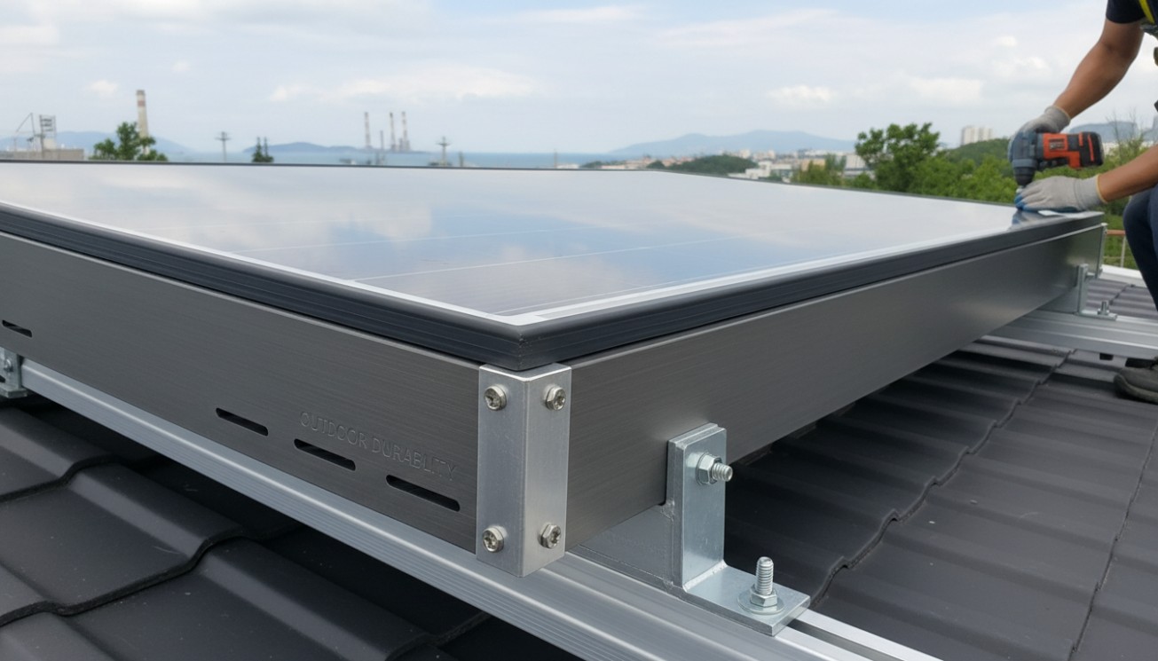 Aluminum frame flat plate solar collector installed on a metal roof, showing durable frame structure, mounting brackets, and outdoor installation details